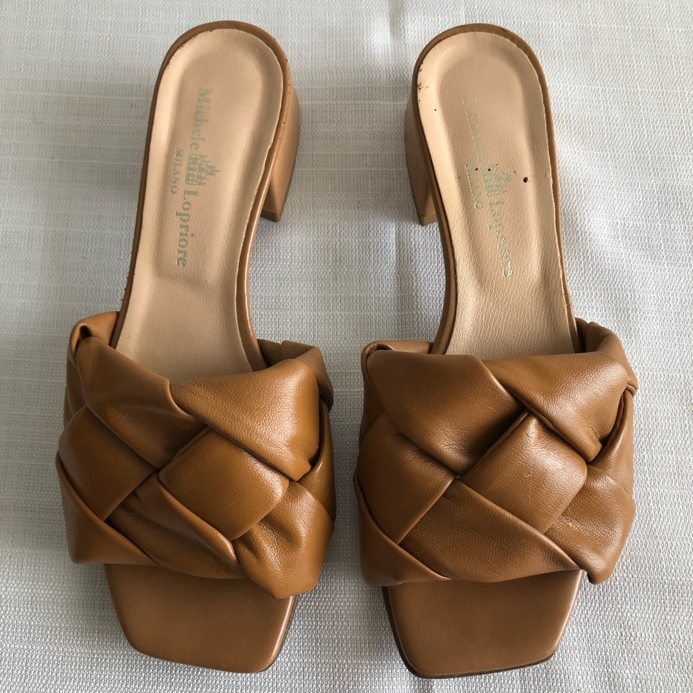 MICHELE LOPRIORE Sandals Braided Leather Square Toe Block Heel Brown Size 7